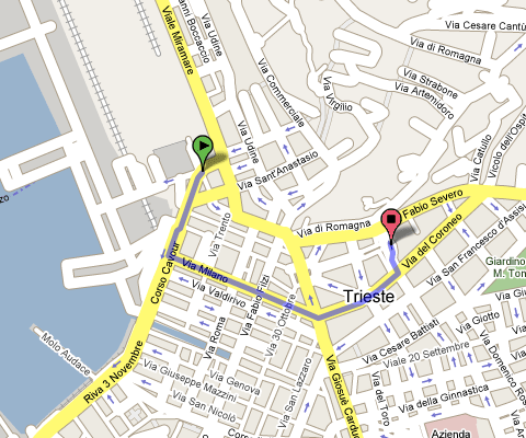 Mappa del percorso dalla stazione di Trieste, situata in piazza libertà, al Tribunale di Trieste