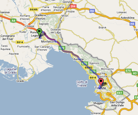 Mappa del percorso dall'aeroporto di Trieste, situata in piazza libertà, al Tribunale di Trieste